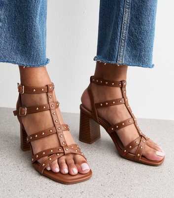 Tan Multistrap Studded Block Heel Sandals