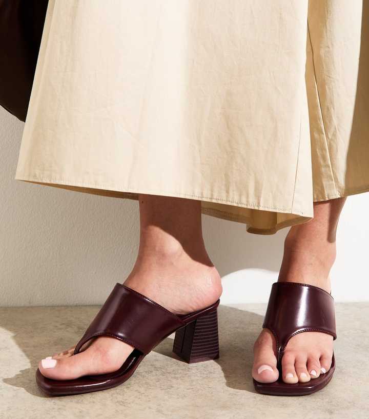 Dark Burgundy Faux Leather Block Heel Mule Sandals