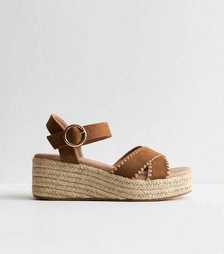 Wide Fit Brown Faux Suede Whipstitched Strap Flatform Sandals