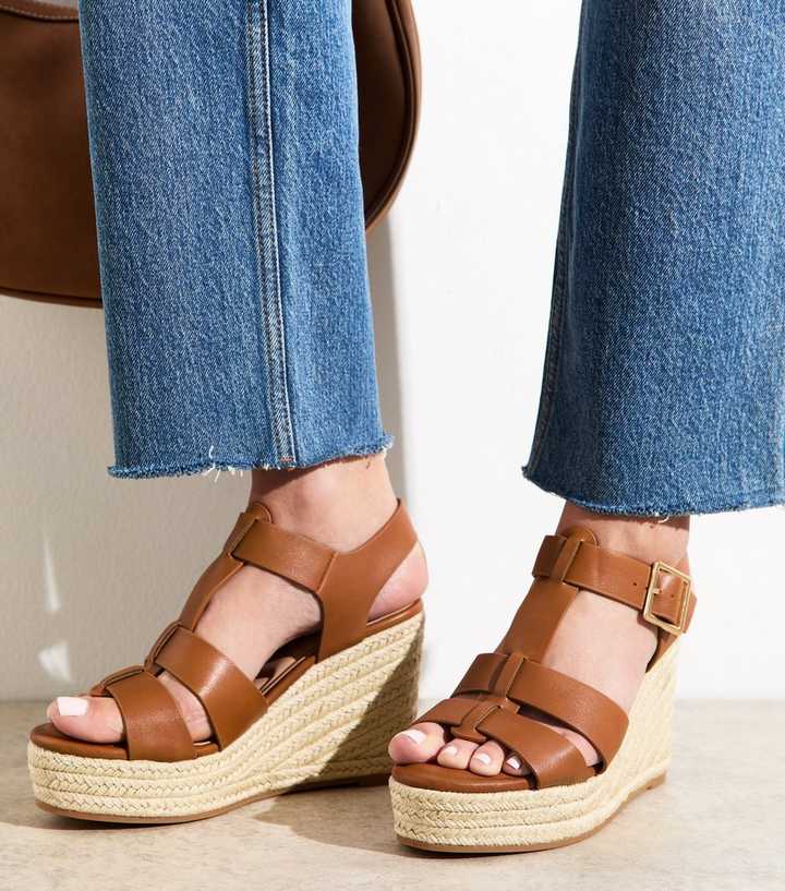 Tan Faux Leather Wedge Sandals New Look