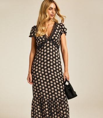 Black Floral Print Lace Trim Midi Dress | New Look