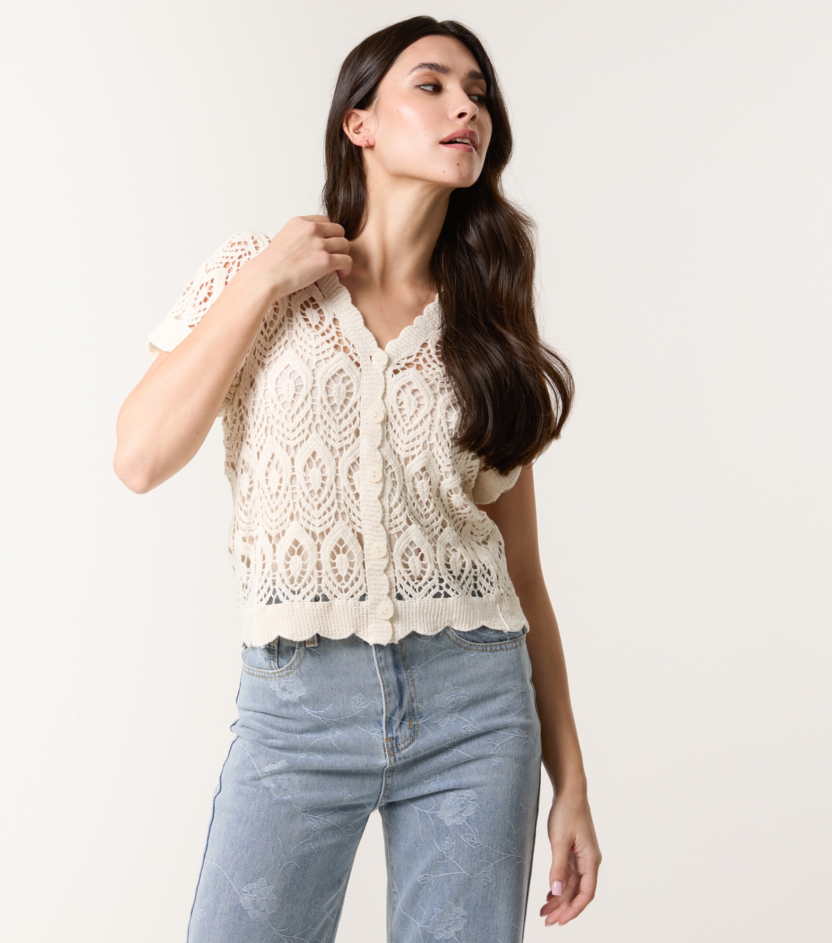 Women's Stone Crochet Open Knit Button Top Blue Vanilla New Look