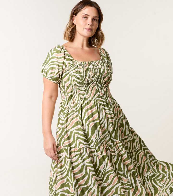Blue Vanilla Curves Green Zebra Print Shirred Midi Dress