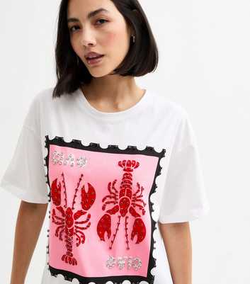 Blue Vanilla White Embellished Lobster Print T-Shirt