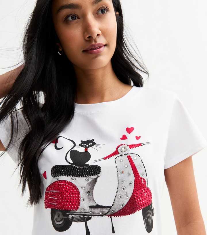 Blue Vanilla White Embellished Cat Print T-Shirt