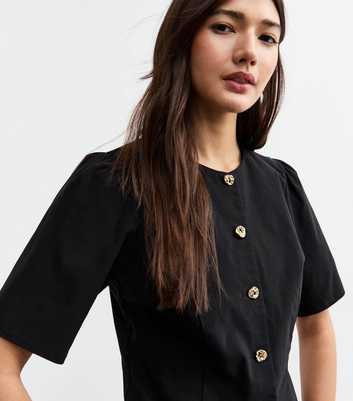 Black Hammered Button Short Sleeve Top