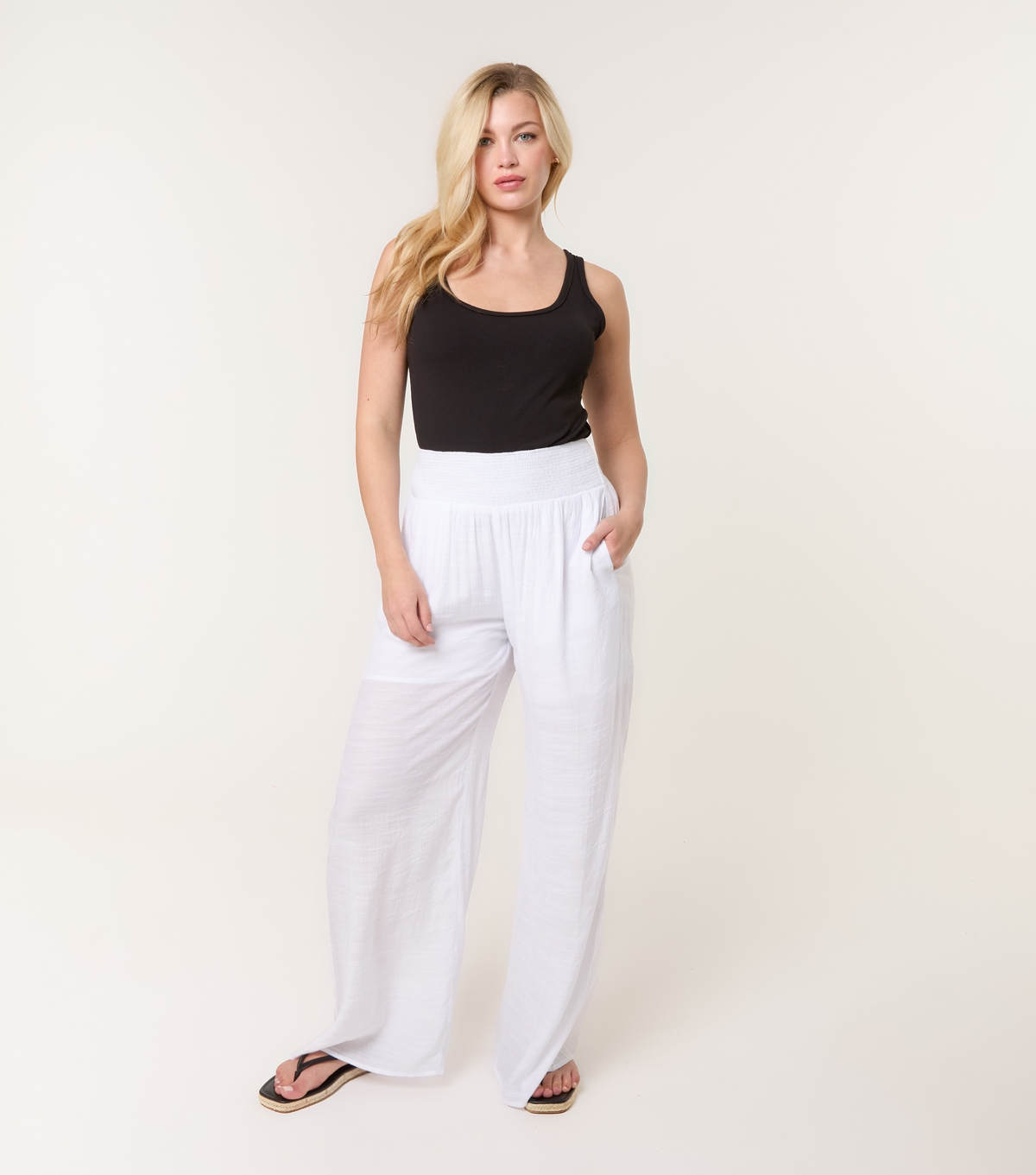 Women's White Shirred Waist Wide Leg Trousers Blue Vanilla New Look
