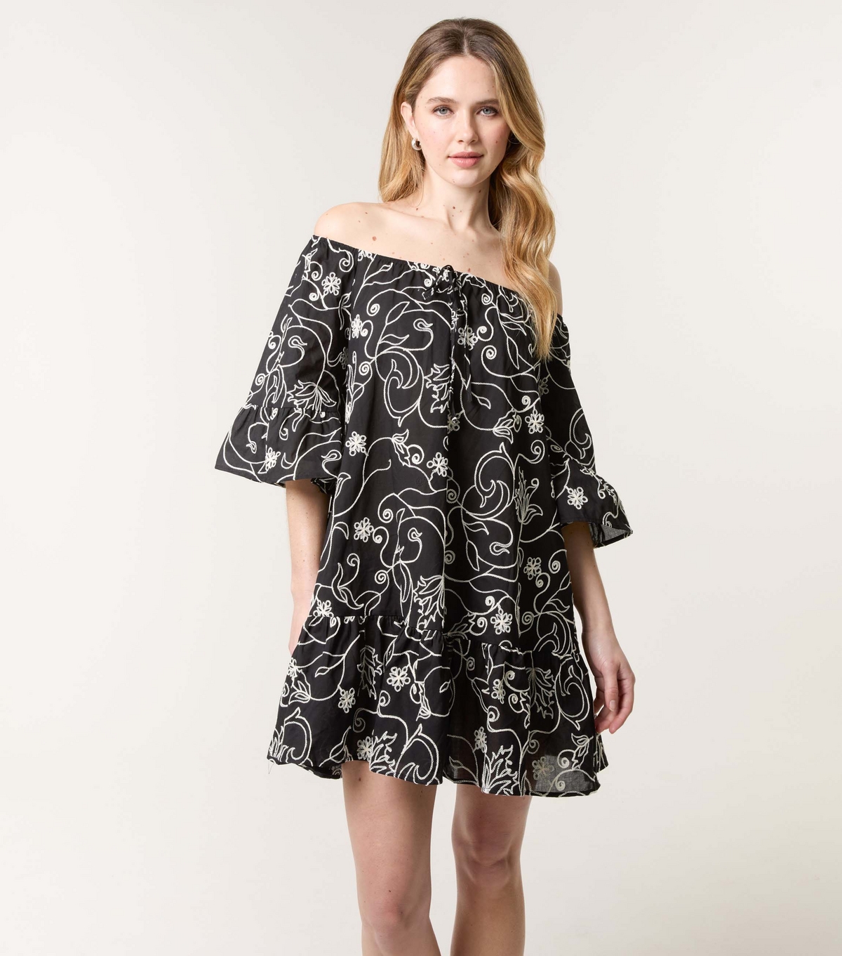 Women's Black Floral Embroidered Off The Shoulder Dress Blue Vanilla New Look