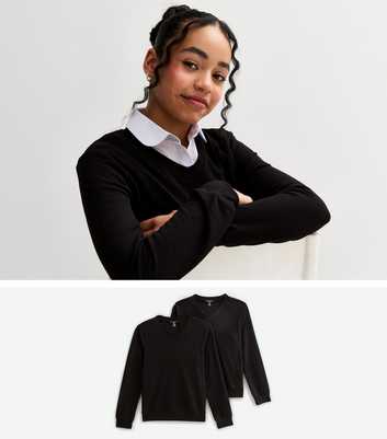 Pack of 2 Girls Black V-Neck School Jumpers