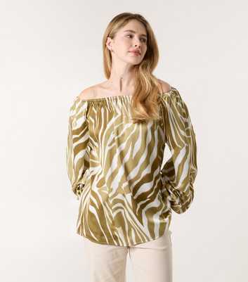 Blue Vanilla Khaki Zebra Print Satin Off The Shoulder Top