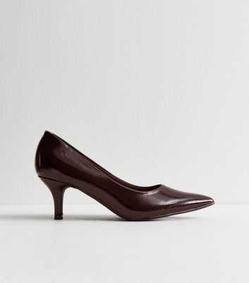 Dark Brown Patent Faux Leather Kitten Heel Court Shoes