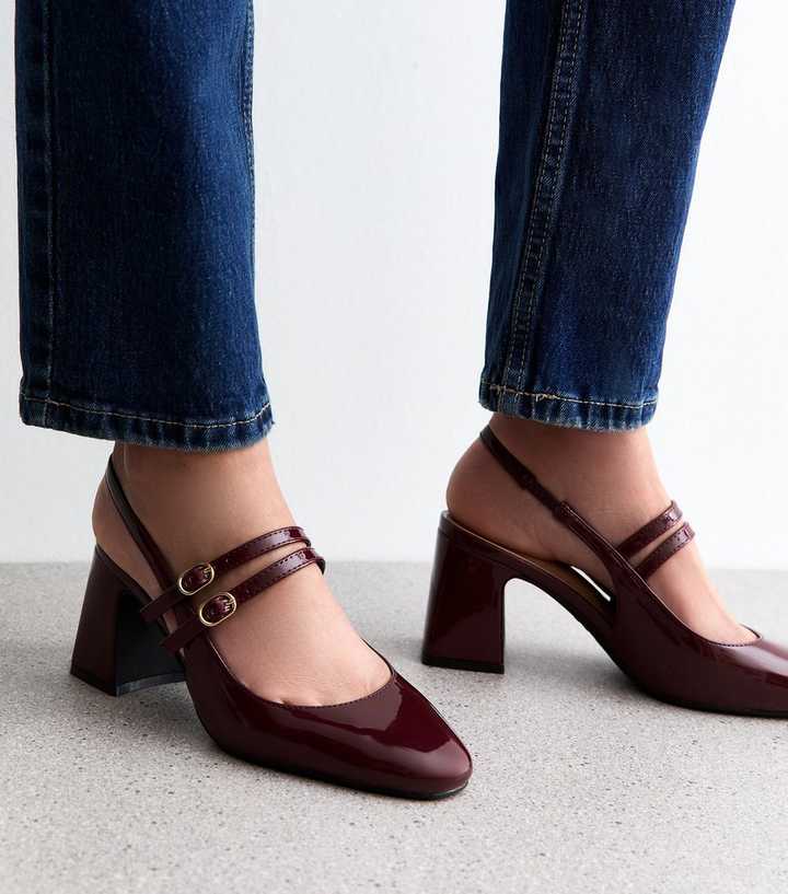 Burgundy Patent Faux Leather Block Heel Mary Jane Shoes