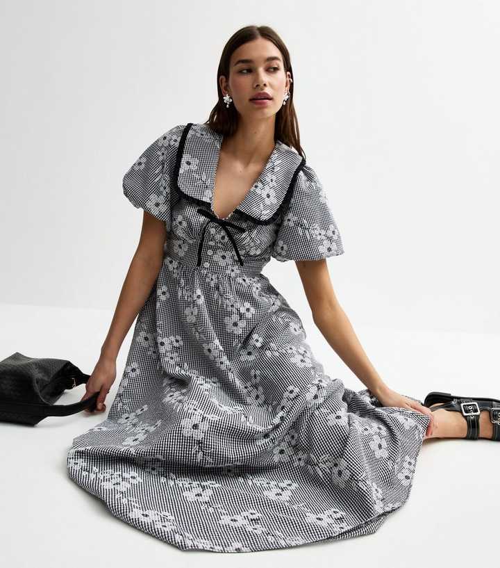Black Floral Embroidered Gingham Midi Dress