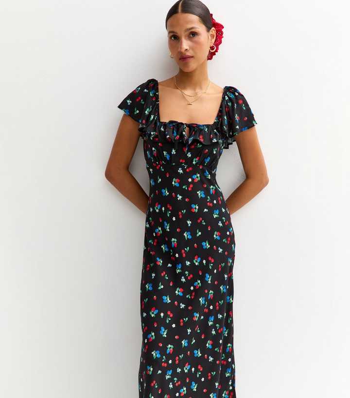 Black Fruit and Floral Print Square Neck Midi Dress