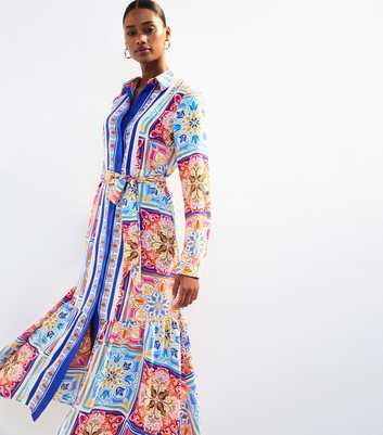 Multicoloured Tile Print Midi Shirt Dress