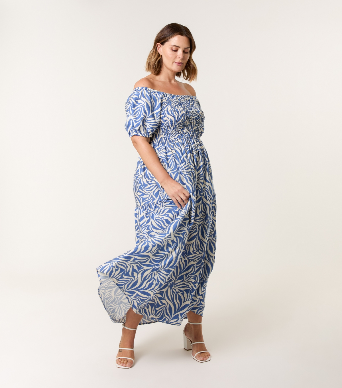 Women's Curve Blue Off Shoulder Printed Shirred Bodice Dress Blue Vanilla New Look