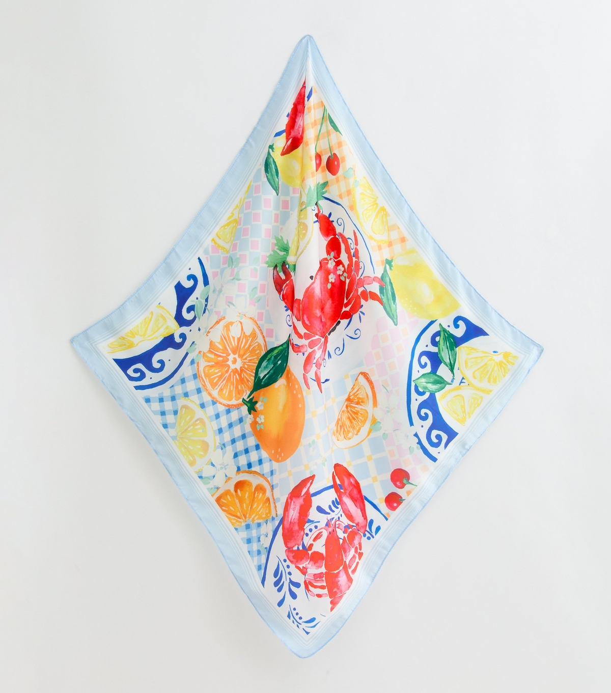 Blue Fruit and Crab Print Satin Scarf New Look