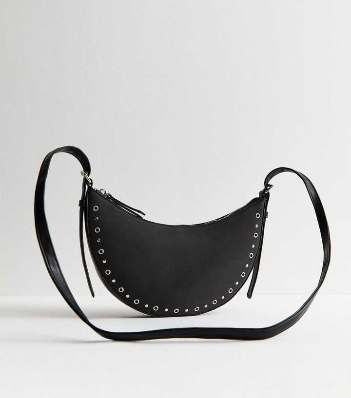 Black Faux Leather Eyelet Trim Crossbody Bag