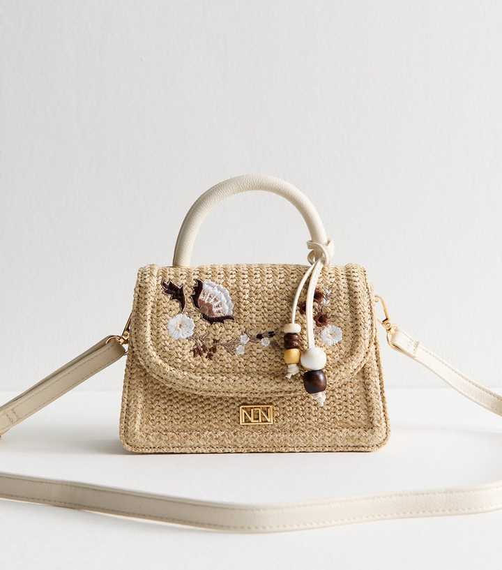 Stone Floral Embroidery Top Handle Crossbody Bag