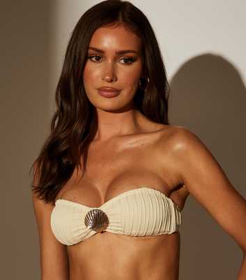 South Beach Cream Shell Embellished Pleated Texture Bandeau Bikini Top