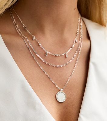 Silver Tone 3 Layer Multi Chain Faux Semi Precious Pendant Necklace