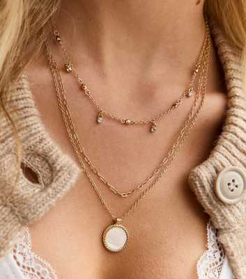 Gold-Tone 3 Layer Multi Chain Faux Semi Precious Pendant Necklace