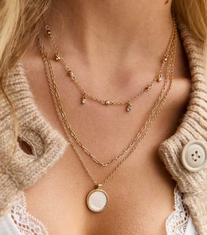 Gold-Tone 3 Layer Multi Chain Faux Semi Precious Pendant Necklace