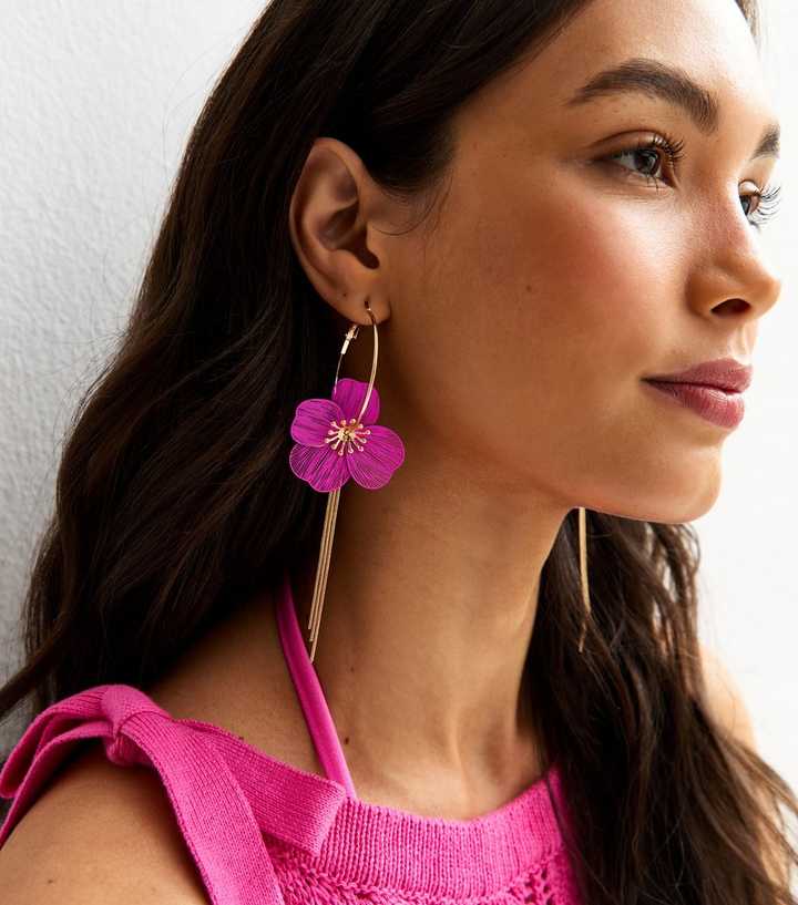 Bright Pink Flower Hoop Drop Earrings