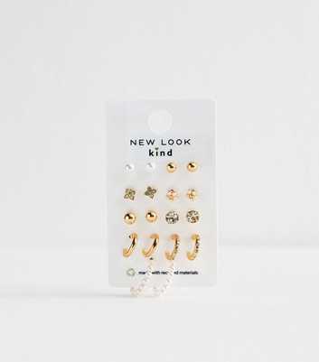 Gold Tone Pack of 9 Faux Pearl Diamant?� Stud Hoop Earrings
