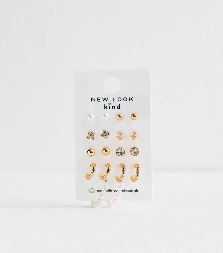 Gold Tone Pack of 9 Faux Pearl Diamanté Stud Hoop Earrings