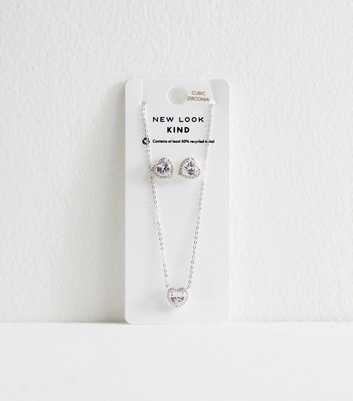 Silver Tone Cubic Zirconia Encrusted Heart Stud Necklace and Earrings Set