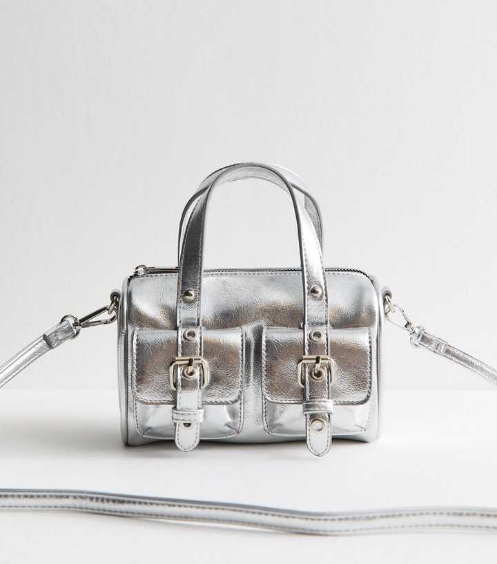 Silver Metallic Double Pocket Crossbody Bag