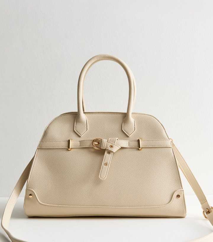 Cream Faux Leather Top Handle Tote Bag