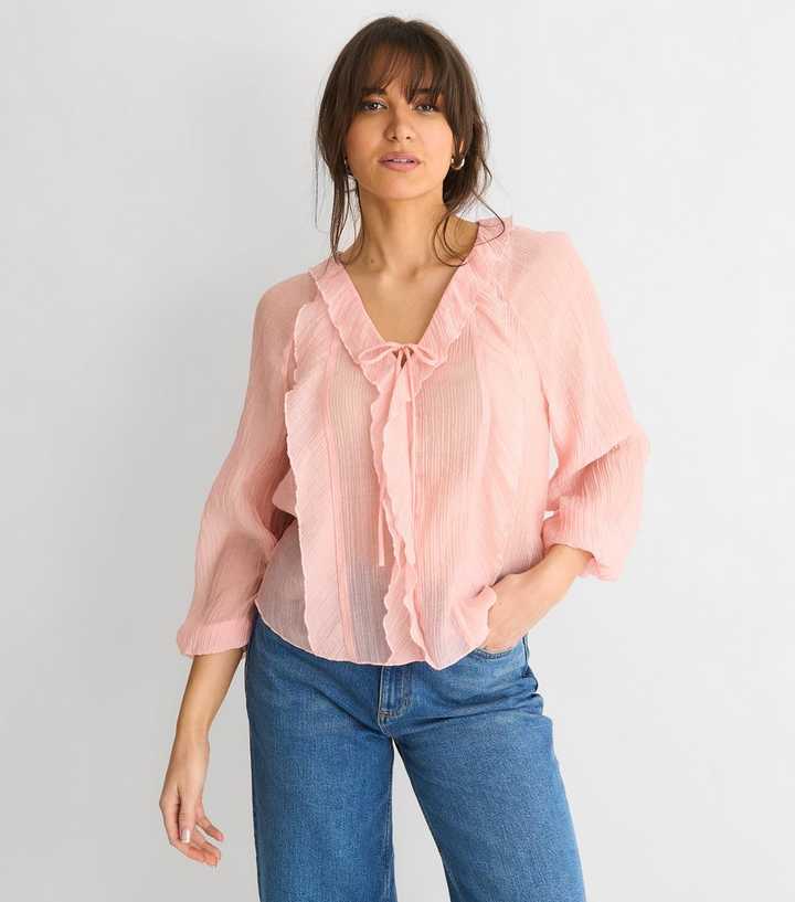 Gini London Pink Tie Detail Ruffle Blouse