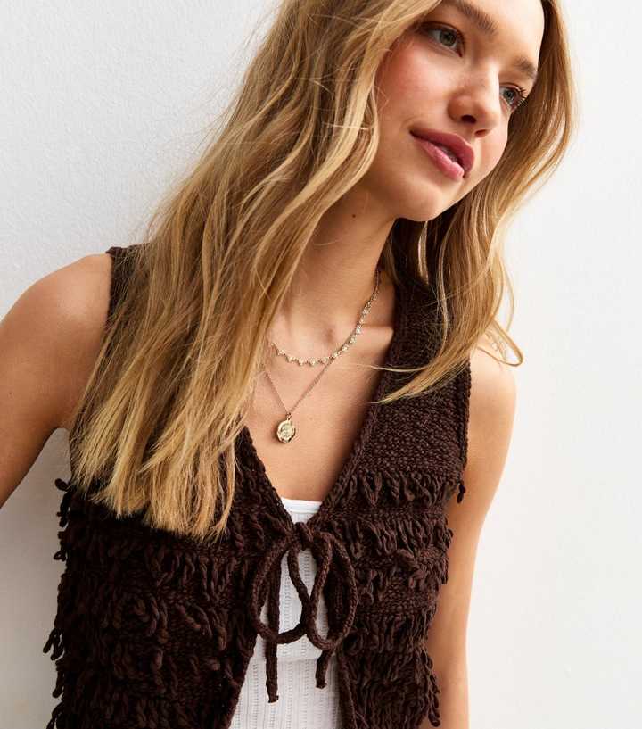Dark Brown Fringed Tie Front Sleeveless Cardigan