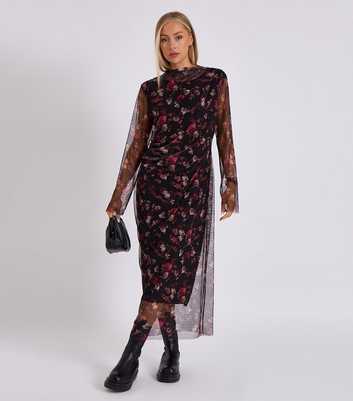 Gini London Black Floral Print Mesh Midi Dress