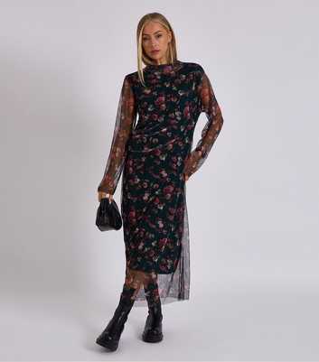 Gini London Dark Green Floral Print Mesh Midi Dress