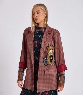 Gini London Plum Oversized Check Teddy Embroidered Blazer