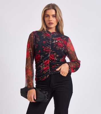 Gini London Red Rose Print Ruched Mesh Top