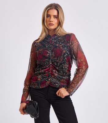 Gini London Dark Red Rose Print Ruched Mesh Top