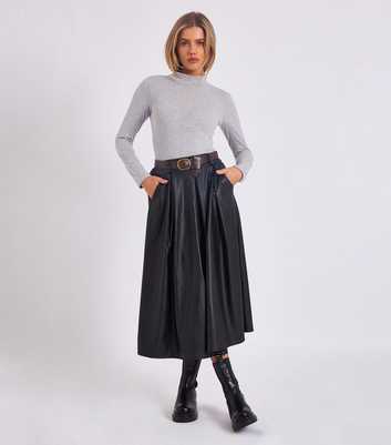 Gini London Black Faux Leather Belted Midi Skirt