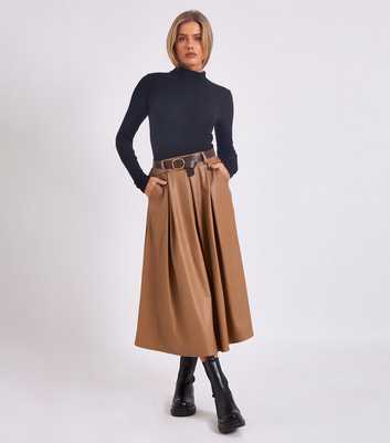 Gini London Camel Faux Leather Belted Midi Skirt