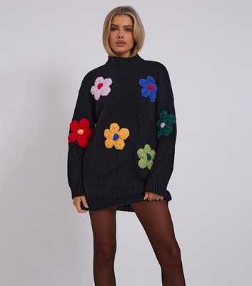 Gini London Black Floral Appliqué Oversized Jumper 