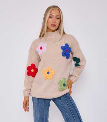 Gini London Oatmeal Floral Appliqué Oversized Jumper 