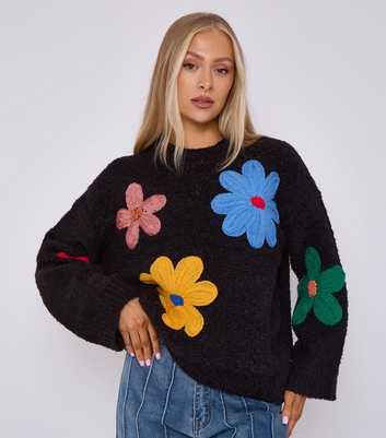 Gini London Black Floral Appliqué Oversized Jumper 