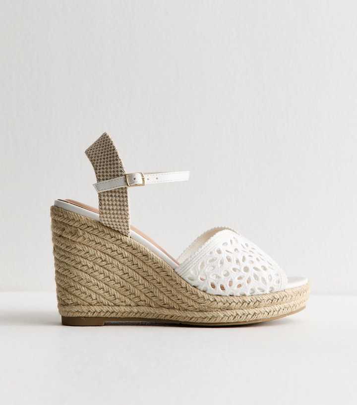 White Wide Fit Faux Leather Textured Peep Toe Wedge Sandals