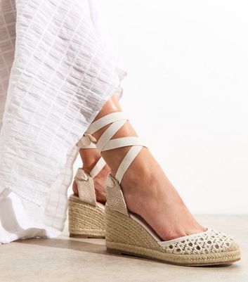 Off White Faux Leather Woven Closed Toe Wedge Sandals