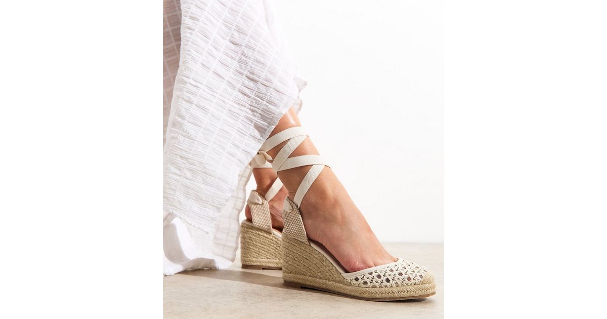 Off White Faux Leather Woven Closed Toe Wedge Sandals New Look