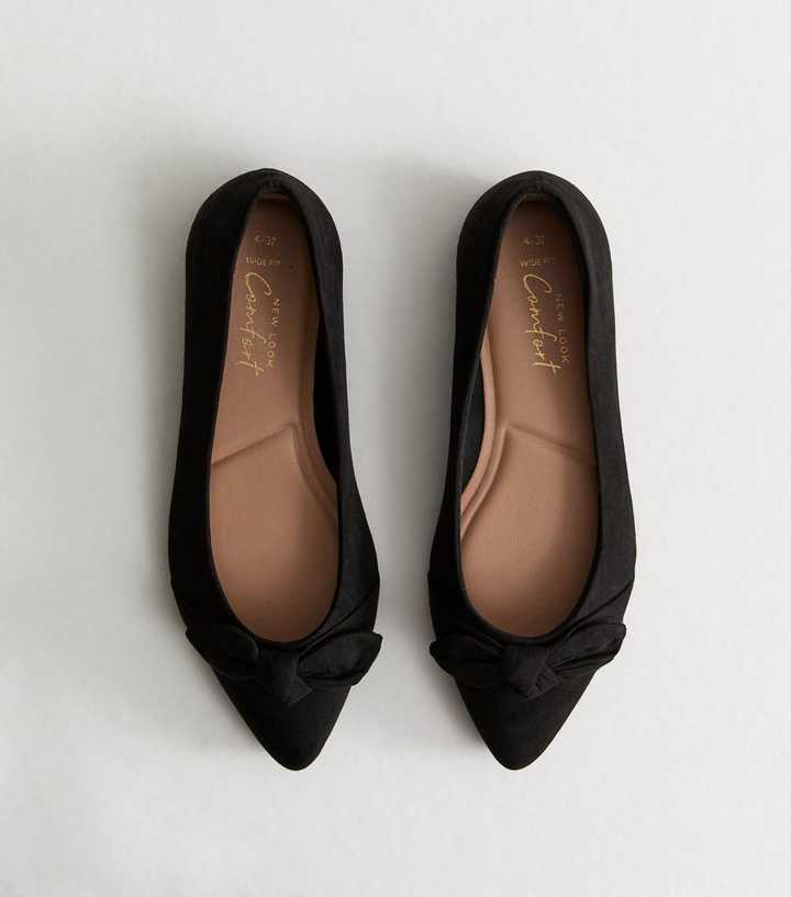Wide Fit Black Suedette Bow Trim Ballet Flats