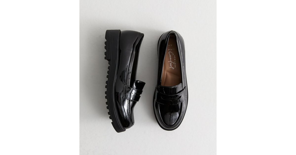 Wide Fit Black Patent Faux Leather Chunky Penny Loafers | New Look